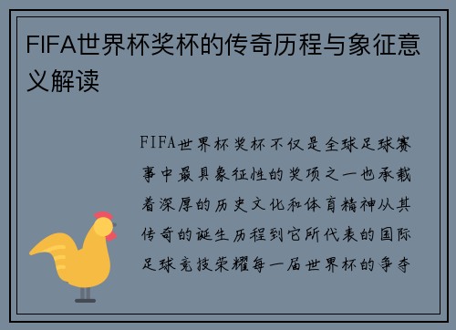 FIFA世界杯奖杯的传奇历程与象征意义解读